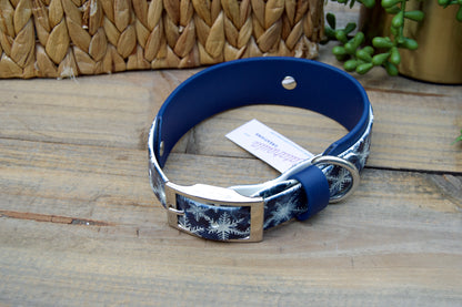 RTS 13-16 INCH Snowflake and Deep Sea Blue Printed Double Layer Biothane Dog Collar
