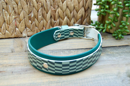 Closeout: Sage and Emerald Green Wavy Checker Printed Double Layer Biothane Dog Collar