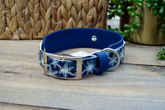 RTS 13-16 INCH Snowflake and Deep Sea Blue Printed Double Layer Biothane Dog Collar