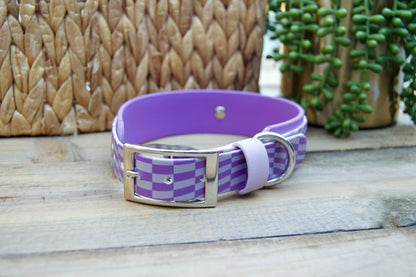 Closeout: Lilac and Amethyst Wavy Checker Printed Double Layer Biothane Dog Collar