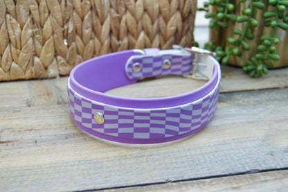 Closeout: Lilac and Amethyst Wavy Checker Printed Double Layer Biothane Dog Collar