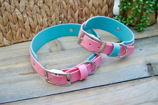 RTS Pastel Pink and Dusty Turquoise Double Layer Biothane Dog Collar