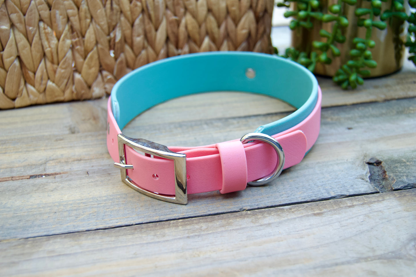 RTS Pastel Pink and Dusty Turquoise Double Layer Biothane Dog Collar