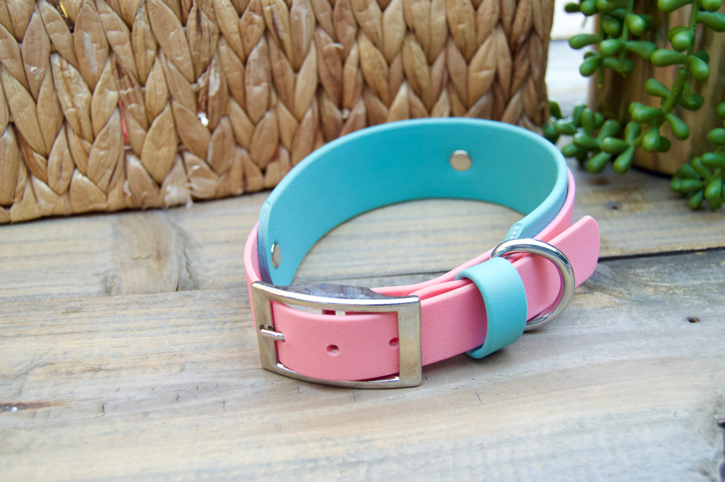 RTS Pastel Pink and Dusty Turquoise Double Layer Biothane Dog Collar