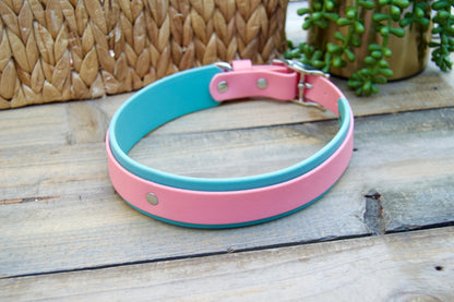 RTS Pastel Pink and Dusty Turquoise Double Layer Biothane Dog Collar