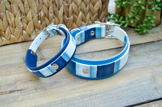 Closeout: Blue Stripes Printed Double Layer Biothane Dog Collar