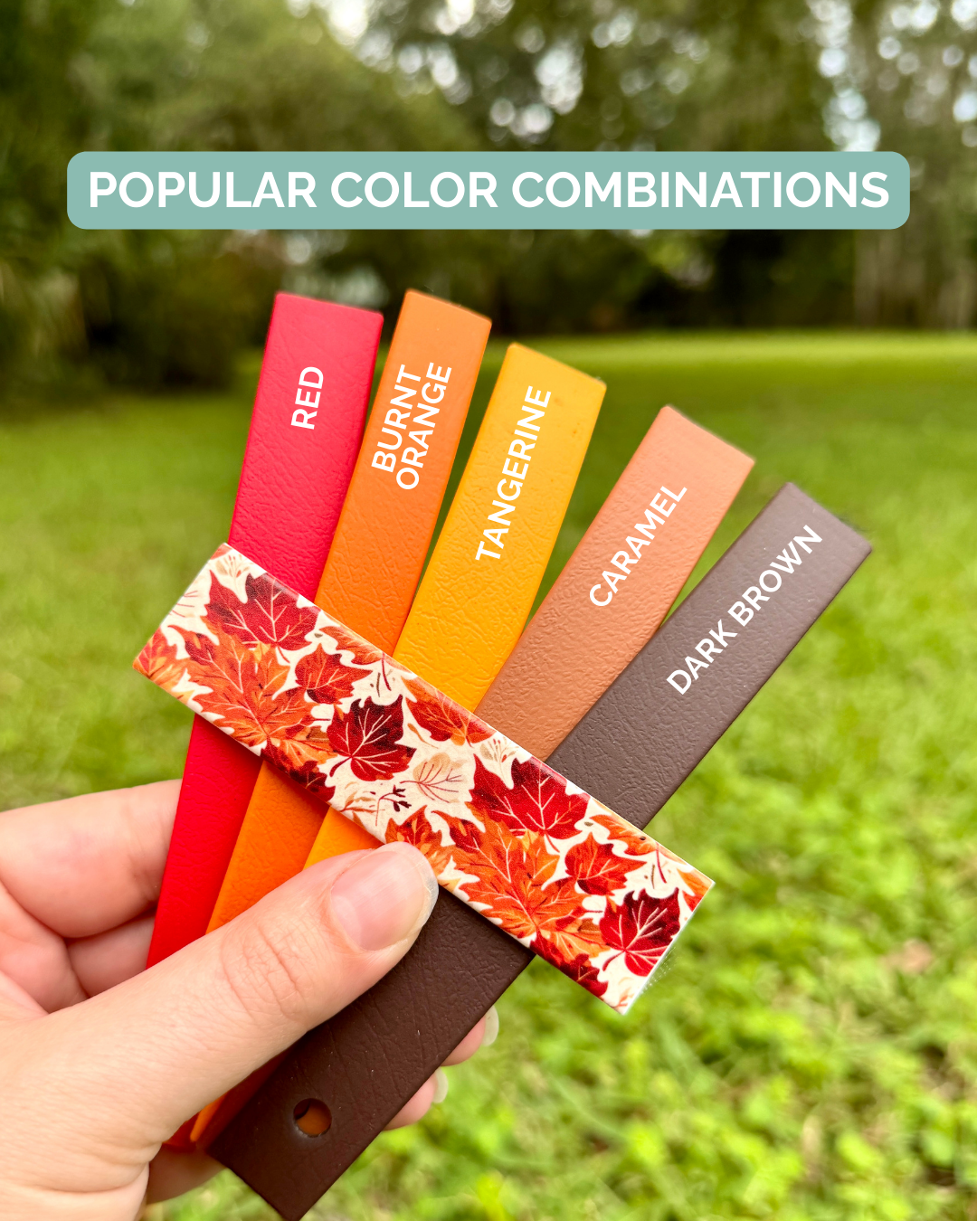 Color swatches labeled 'Red', 'Burnt Orange', 'Tangerine', 'Caramel', and 'Dark Brown' held by a hand with a blurred green outdoor background.