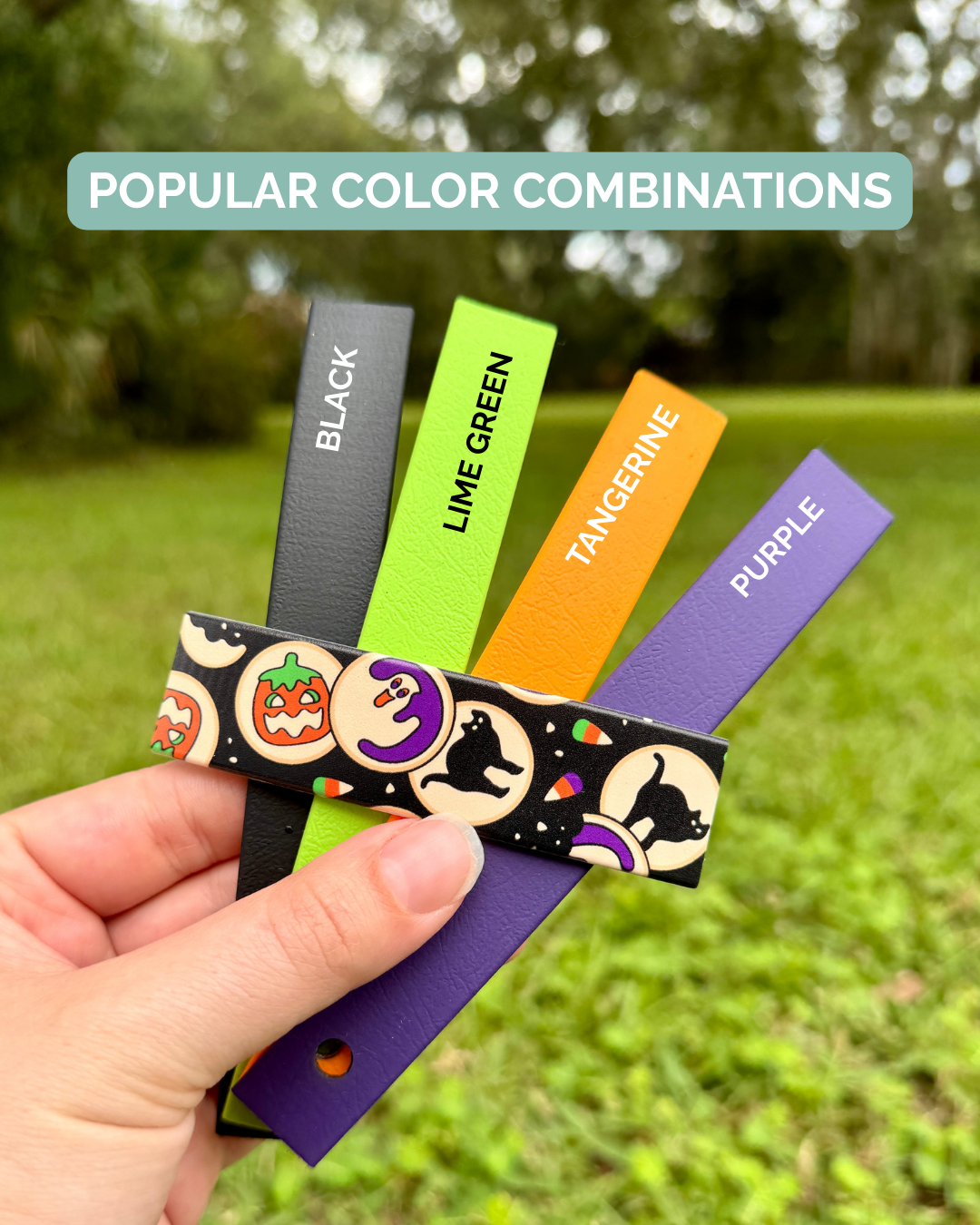 Halloween Cookies Pattern with color swatches labeled 'Lime Green', 'Black', 'Tagnerine', and 'Purple'