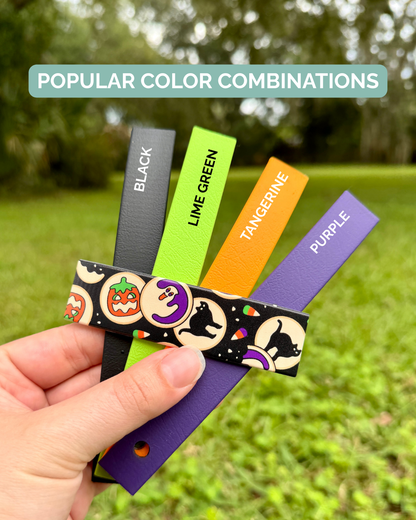 Halloween Cookies Pattern with color swatches labeled 'Lime Green', 'Black', 'Tagnerine', and 'Purple'