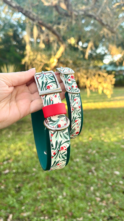 Winter Holly: Mini Printed Double Layer Biothane Dog Collar