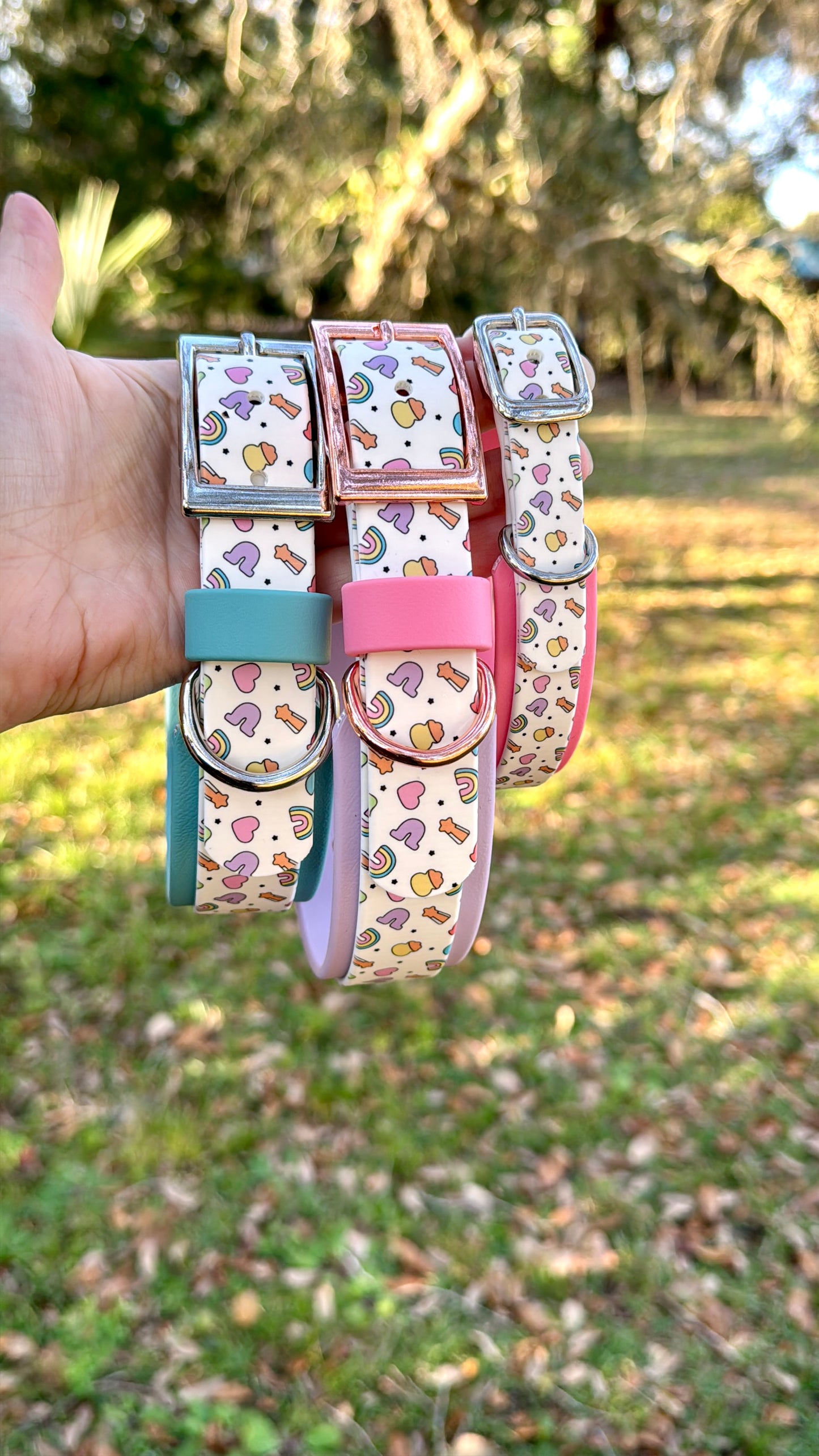 Set of colorful dog collars with Lucky Charm Pattern held in front of a natural background