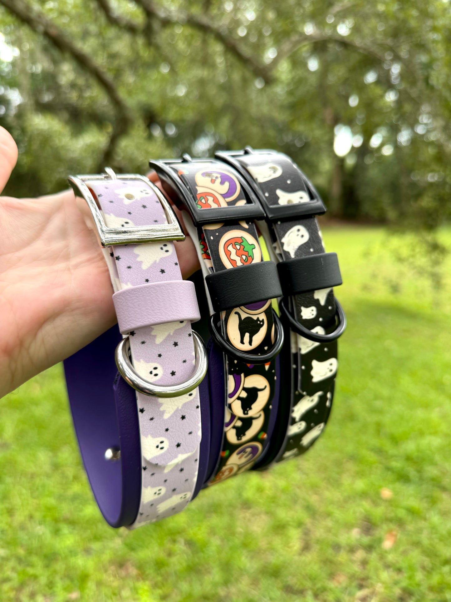 Set of colorful dog collars held by a hand with a blurred green outdoor background