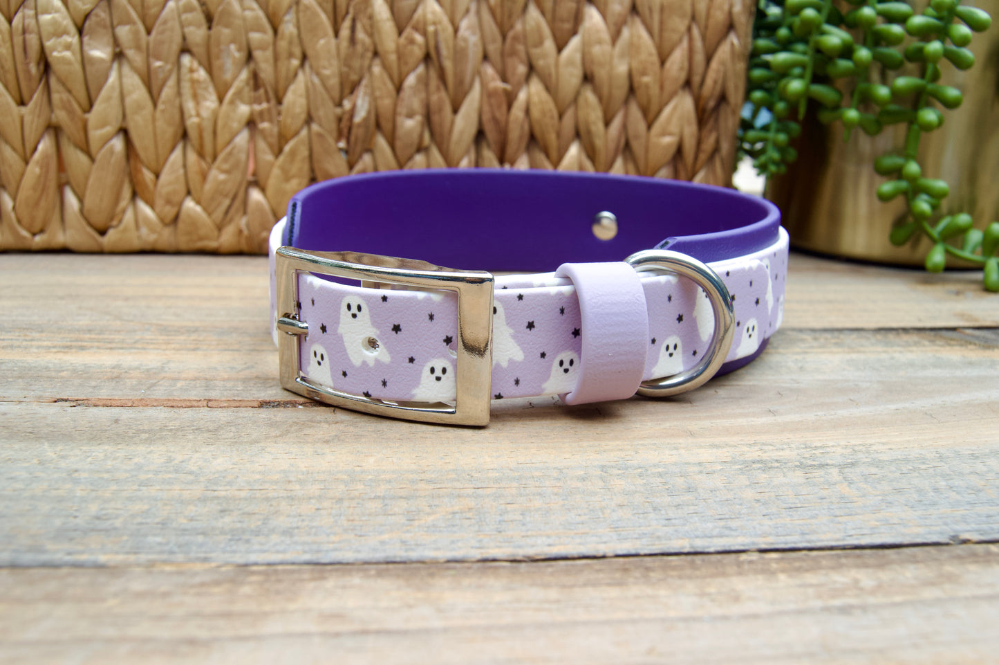 Dog collar with purple band with white ghosts and tiny black stars pattern on a wooden surface