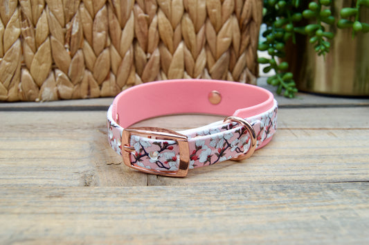 cherry blossom patterned biothane dog collar with pastel pink accents on a wooden surface