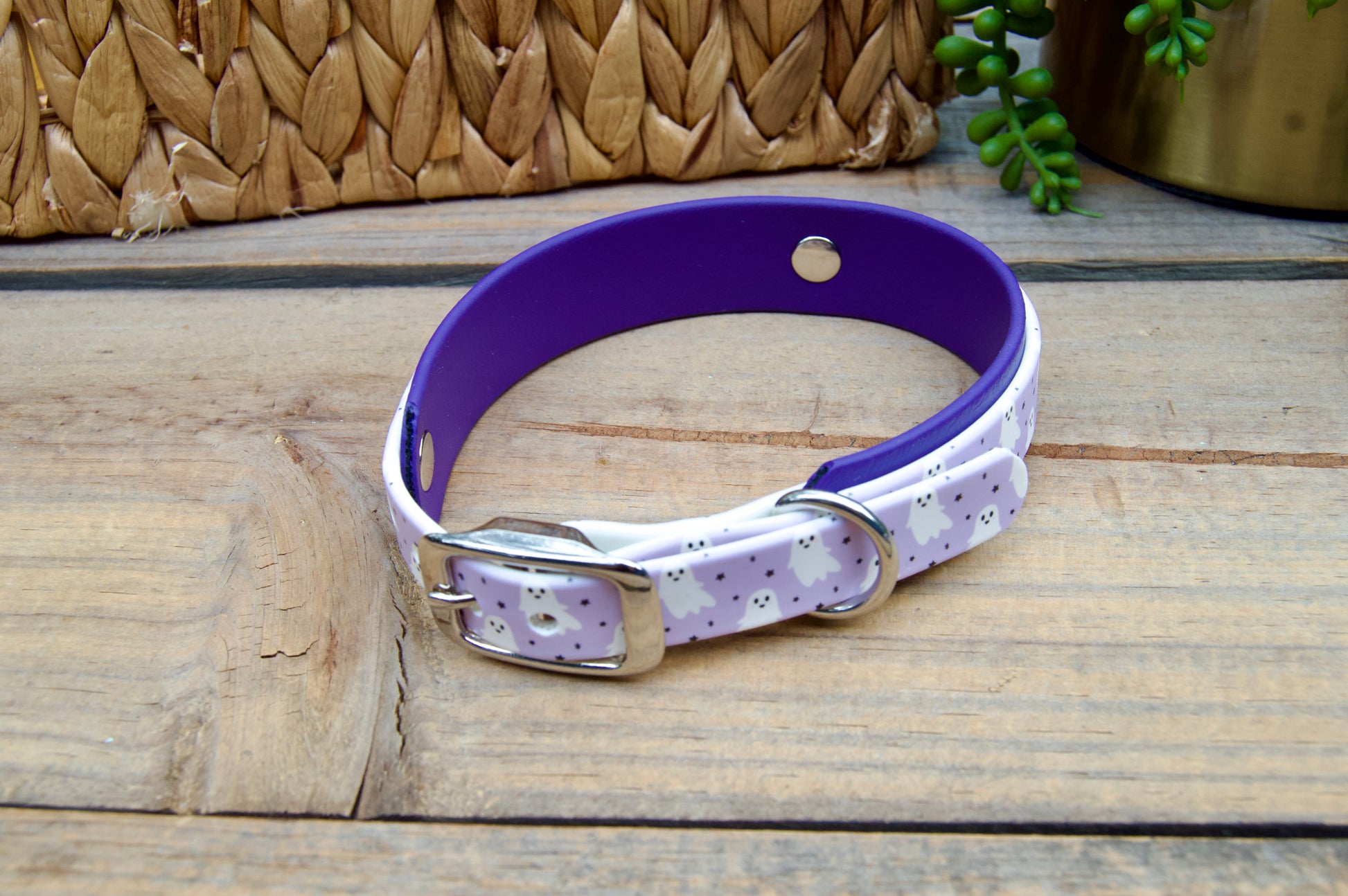 Purple and white dog collar with ghosts on a wooden surface