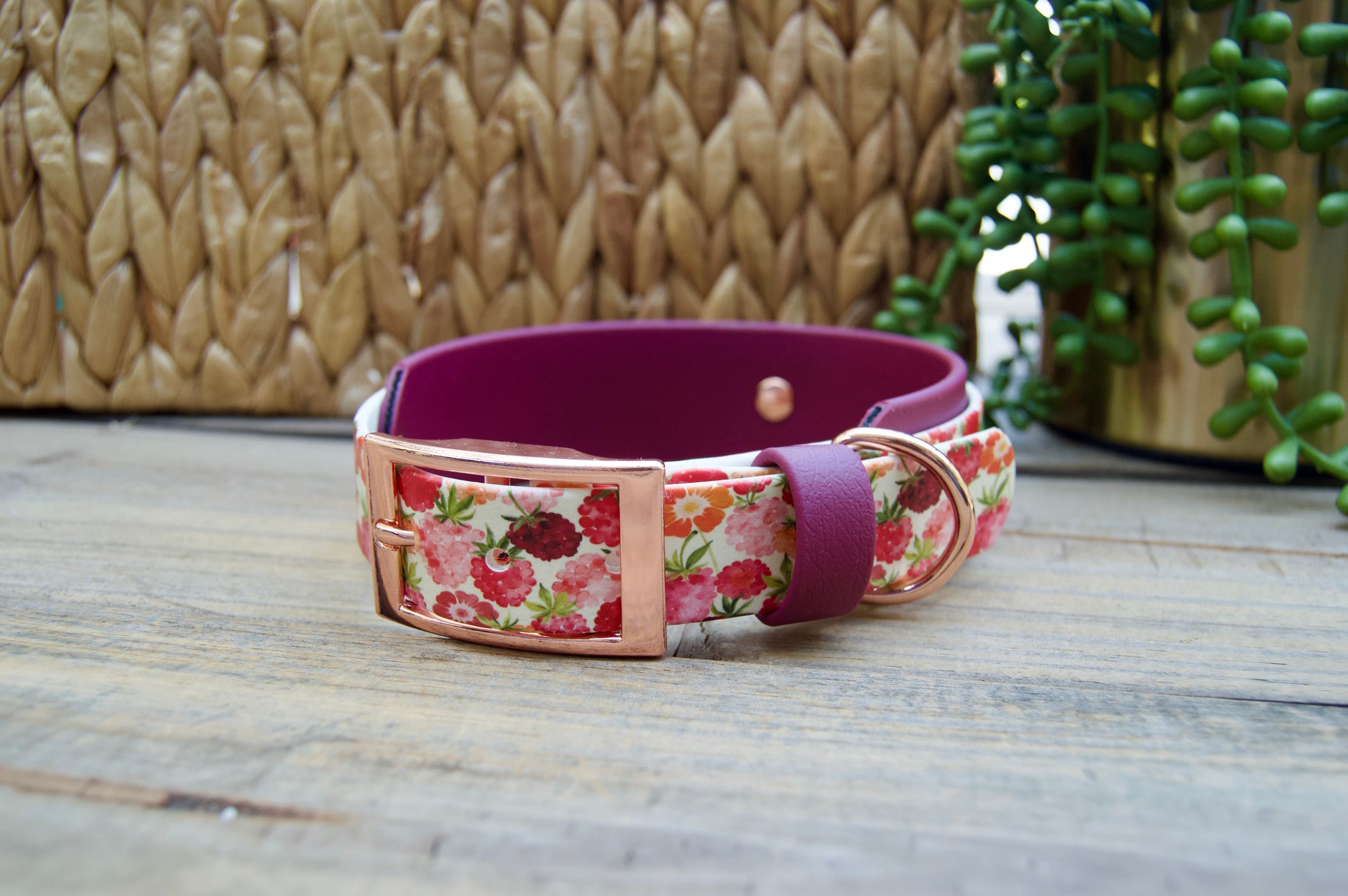 raspberries patterned dog collar with burgundy accents on a wooden surface.