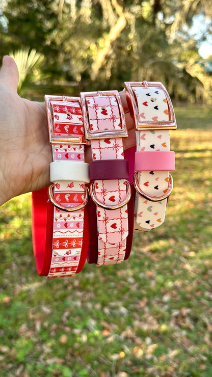 Collection of biothane dog collars with heart patterns held by a hand against a natural background.