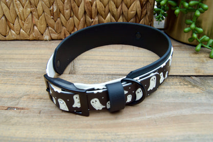 Dog collar with ghost pattern on a wooden surface