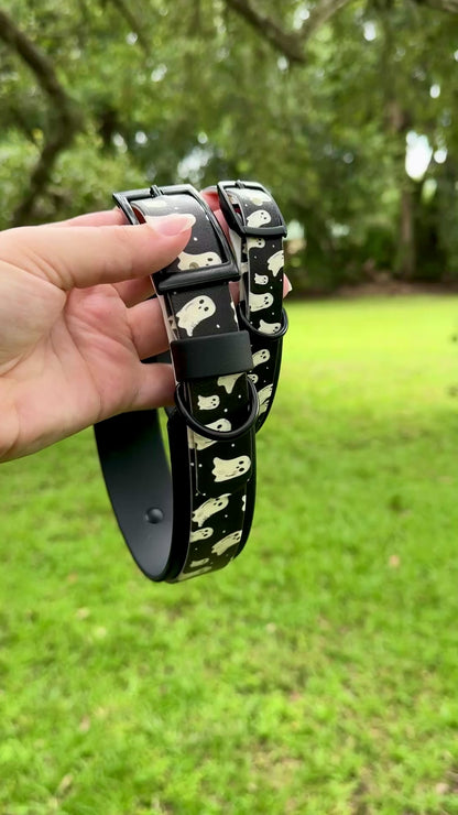 Black and White Ghosts: Halloween Printed Double Layer Biothane Dog Collar