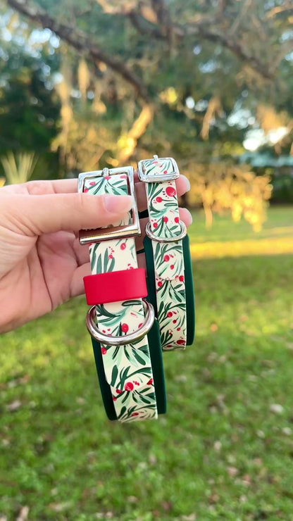 Winter Holly: Mini Printed Double Layer Biothane Dog Collar