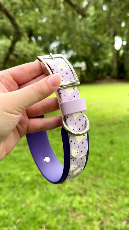 Lilac Ghosts: Halloween Printed Double Layer Biothane Dog Collar
