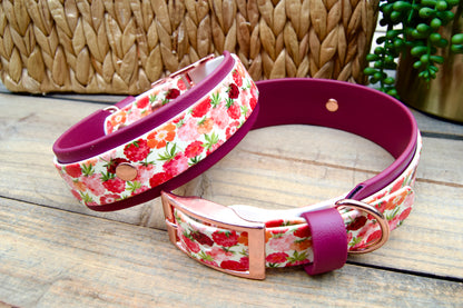 raspberry patterned dog collars with burgundy accents on a wooden surface.