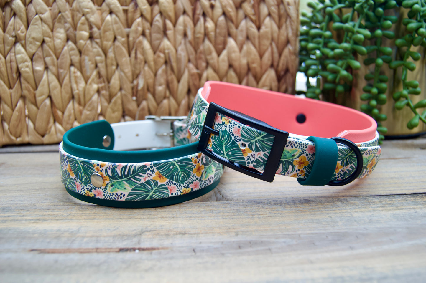 Two tropical floral-patterned dog collars on a wooden surface with a woven basket and plant in the background.